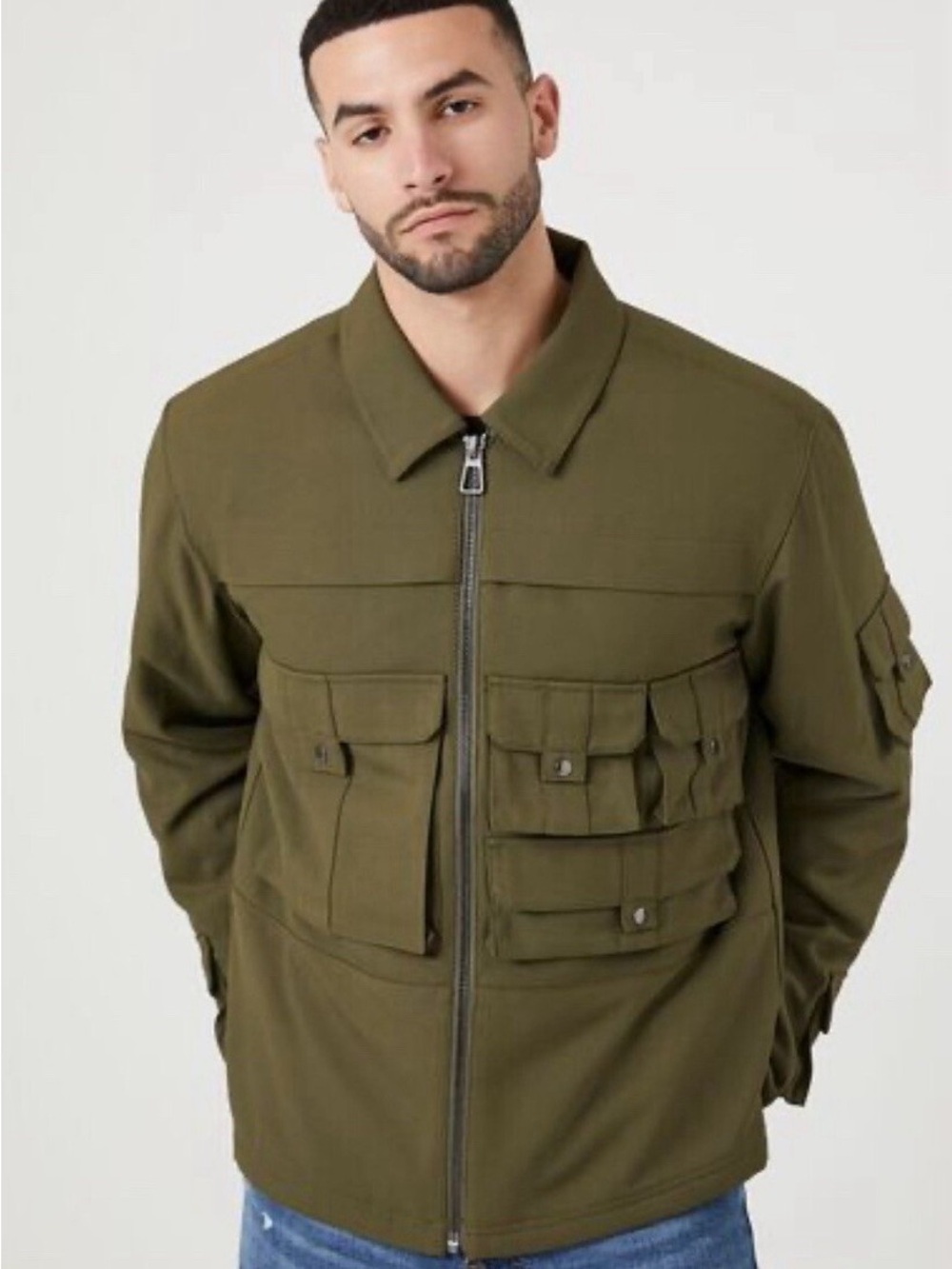 Forever 21 Zip Up Cargo Trucker Jacket Olive Green Size Small